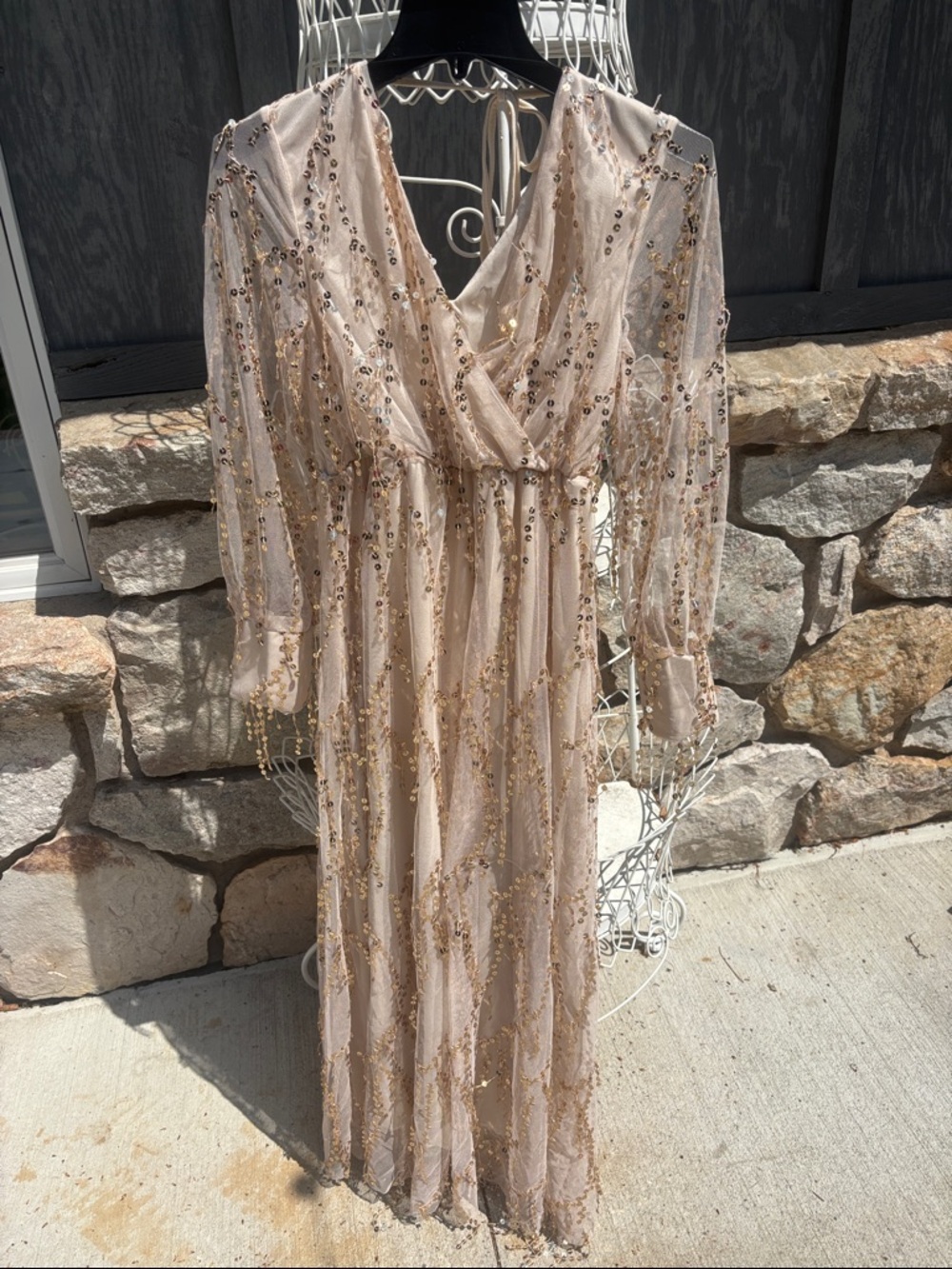 Elegant Sequin Embellished Long Sleeve Maxi Dress - Blush